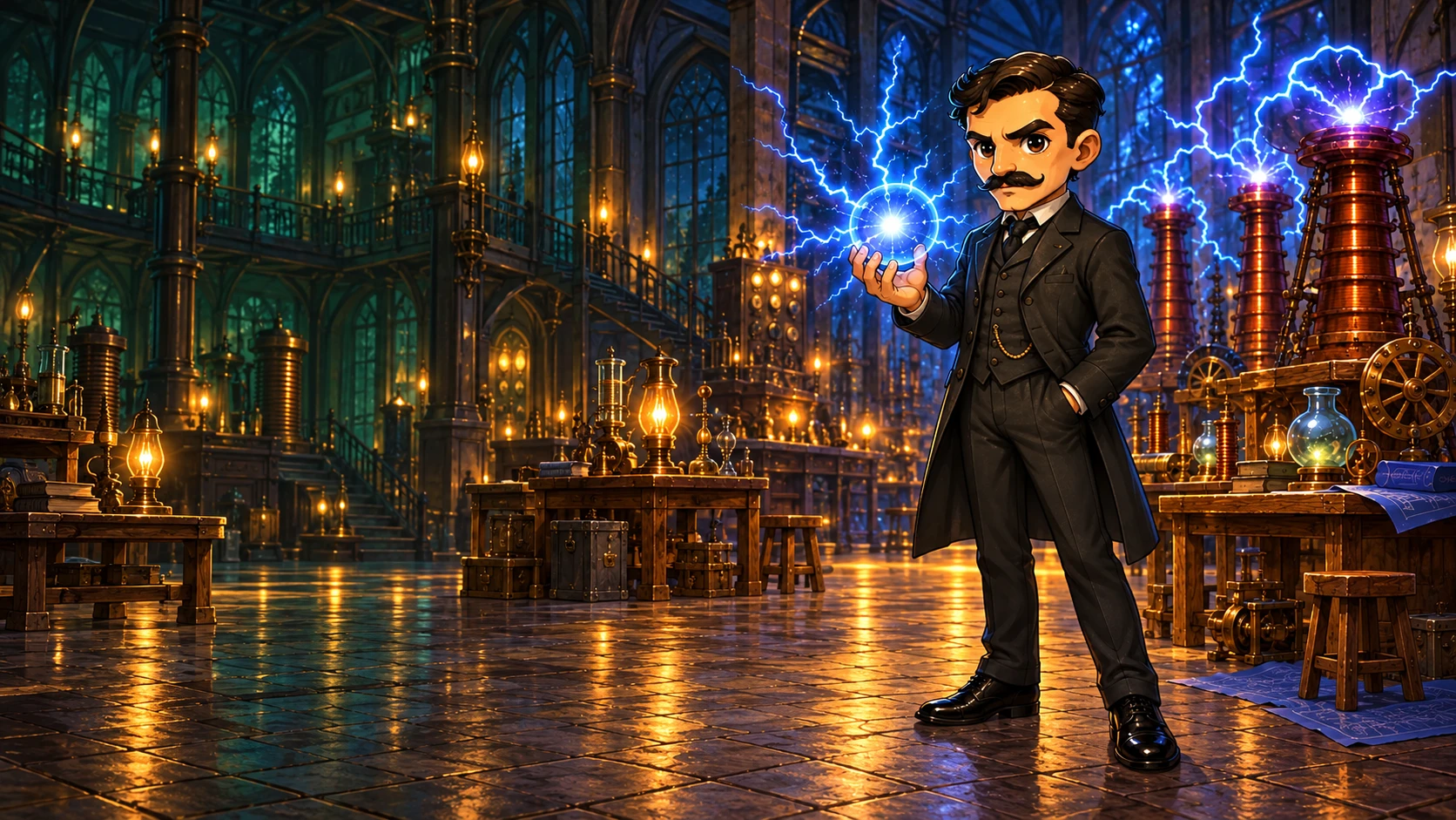 Nikola Tesla in his expansive electrical laboratory, with glowing coils, warm lamps and green-lit workshop architecture